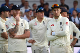England captain Joe Root watches the post match presentations after Ashes victory by Australia in 2019.