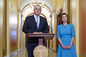 Prime Minister Scott Morrison and US Democratic House Speaker Nancy Pelosi in Washington earlier today. 