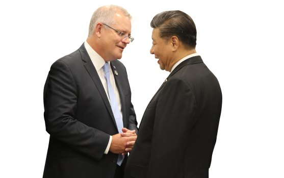 Time for a reset in the relationship ... Scott Morrison and Xi Jinping during the G20 in Osaka in 2019.