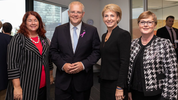 Minister for the Environment Melissa Price, Prime Minister Scott Morrison, Australian Small business minister Michaelia Cash and Minister for Defence Industry Linda Reynolds at an International Women's Day breakfast. 