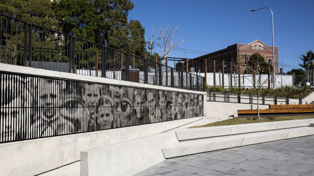 An artists' mural in the sunken public square next to the new Marrickville Library.