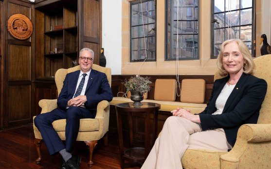 Mark Scott, new vice-chancellor of Sydney University, with chancellor Belinda Hutchinson.