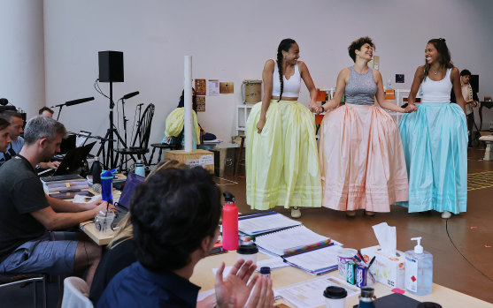 Work: Elandrah Eramiha, Akina Edmonds and Chloé Zuel rehearsing ahead of the opening night of the Australian production of Hamilton on March 27.