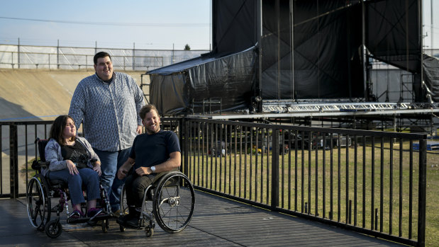 Paralympian and tennis star Dylan Alcott (right), pictured with Sarah McDonald and her brother Daniel, has created a music festival for music lovers with disabilities.