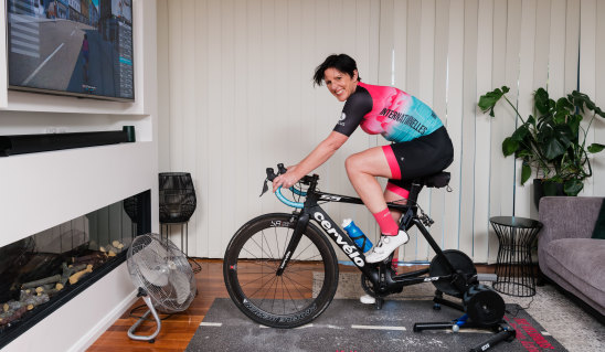 Getting ready for the Tour: Julie-Anne Hazlett on her home trainer. 