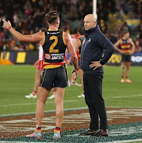 Adelaide’s Ben Keays is puzzled with coach Matthew Nicks.