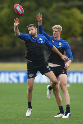Ruck duo Stefan Martin (left) and Tim English at Bulldogs training on Wednesday.