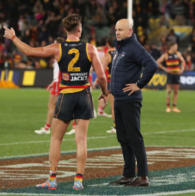 Adelaide’s Ben Keays is puzzled with coach Matthew Nicks.