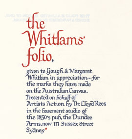 The dedication on the Whitlam folio, 16 artworks by Australian artists gifted to the Whitlams.