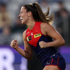 Kate Hore of the Demons celebrates a goal during the round five AFLW match between Geelong Cats and Melbourne Demons at GMHBA Stadium, on September 28, 2023, in Geelong, Australia.