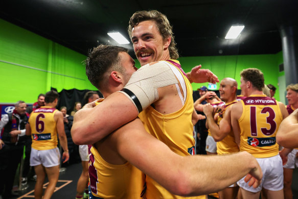 Joe Daniher celebrates the semi-final win over GWS with Lachie Neale.