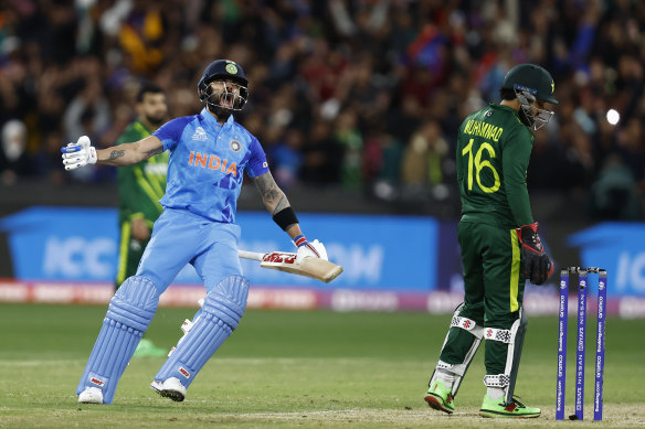 Kohli celebrates after hitting the winning runs.