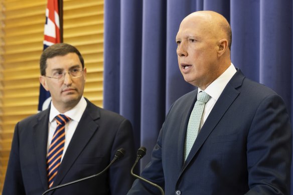Shadow attorney-general Julian Leeser (left) and Opposition Leader Peter Dutton. 