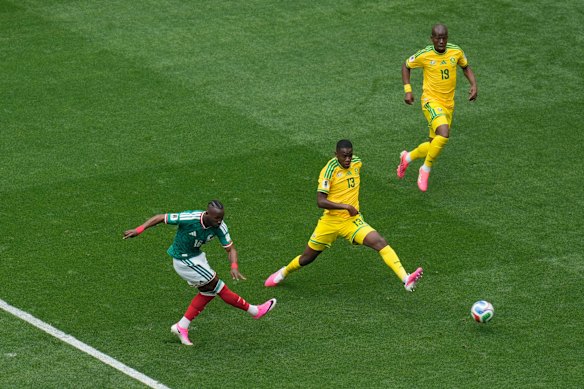 Mexico’s Julian Quinones scores the first goal of the 2026 FIFA World Cup.