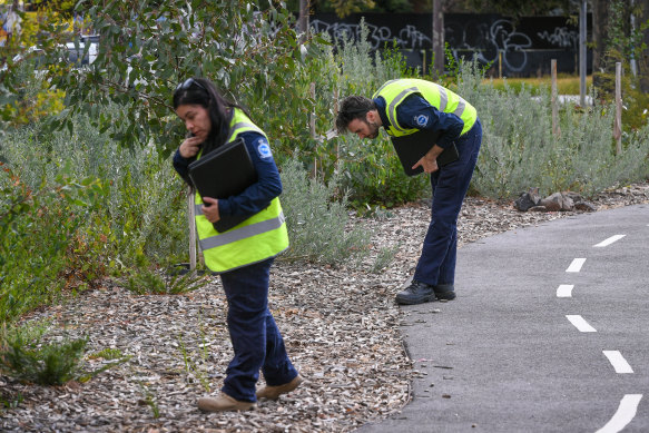 EPA inspectors combing mulch at the reserve on Tuesday.