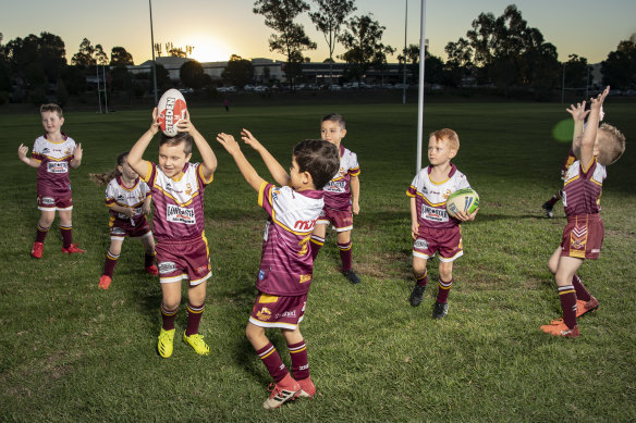 Oliver Jackson of the Glenmore Park Brumbies celebrates a try at training.