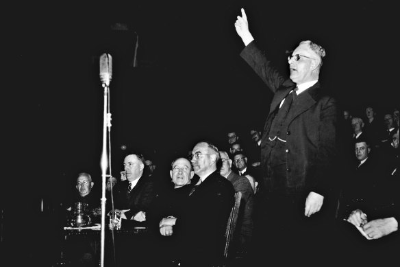 John Curtin’s speaks at a rally on October 12, 1942. Audio tapes of his speeches are under threat.