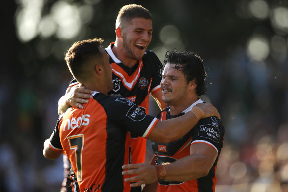 James Roberts, right, was another new recruit popular among the Tigers faithful at Leichhardt Oval.