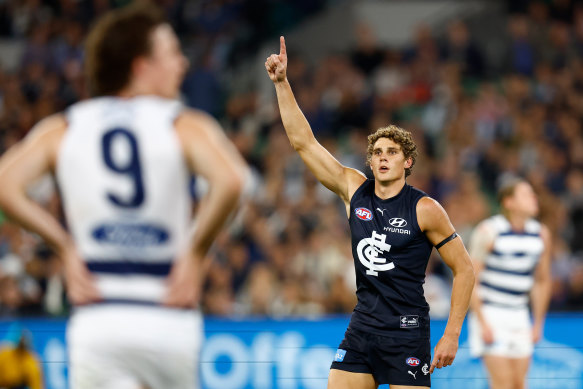 Charlie Curnow booted five goals for the Blues 