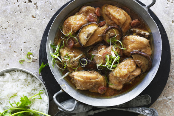 Steamed chicken with shiitake mushrooms and Chinese sausage.