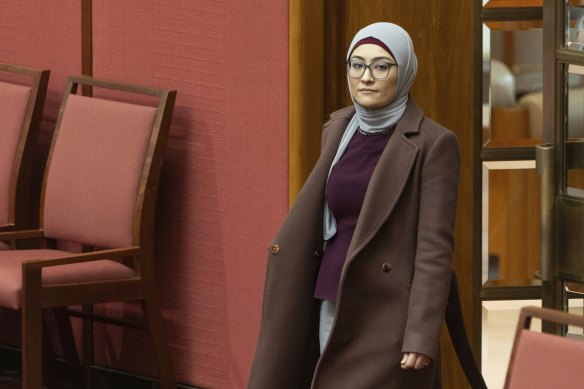 Senator Fatima Payman arrives for question time on Monday.