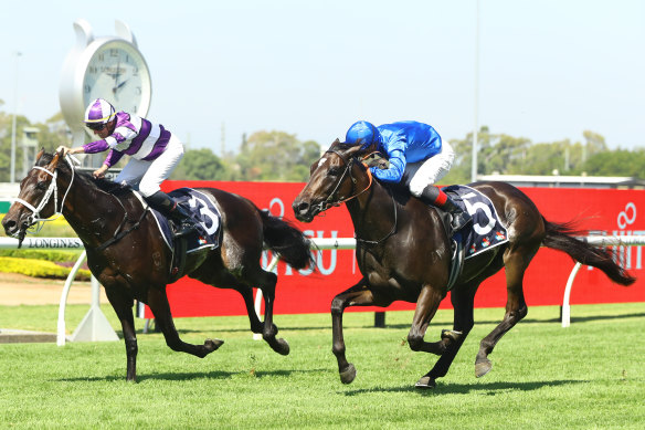 Nash Rawiller lifts Lindermann (inside) to victory over Pericles in the Rosehill Guineas.