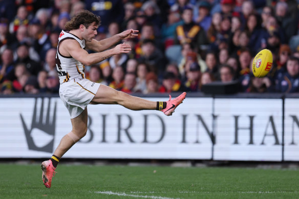 Nick Watson of the Hawks kicks a goal during the round 20 match between the Adelaide Crows and the Hawthorn Hawks at Adelaide Oval on Sunday.