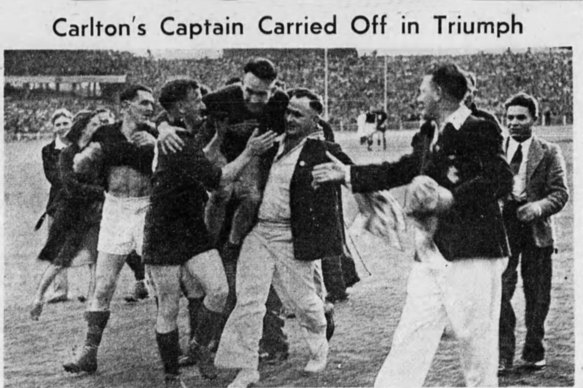 There were scenes of great excitement at the M.C.G. after Carlton’s one-point win for the premiership. Here the Carlton captain - Ern Henfry - is being carried shoulder-high.