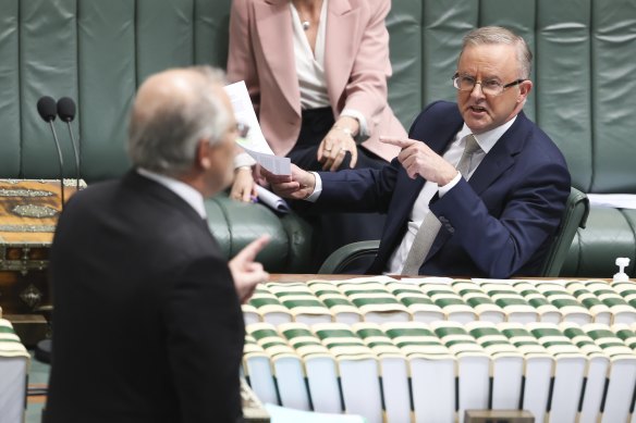 Prime Minister Scott Morrison and Opposition Leader Anthony Albanese  during question time.