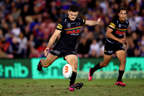 Penrith’s Nathan Cleary nails the winning field goal in golden point against the Knights last April.