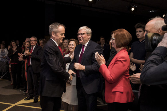 Bill Shorten, Kevin Rudd and Julia Gillard in 2019.