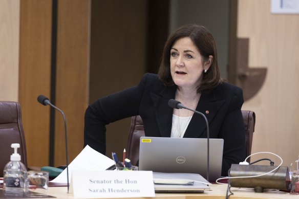 Senator Sarah Henderson during Thursday’s Senate estimates hearing.