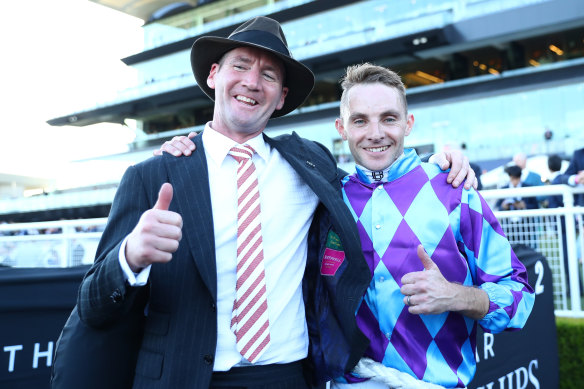 Ciaron Maher and Declan Bates celebrate.