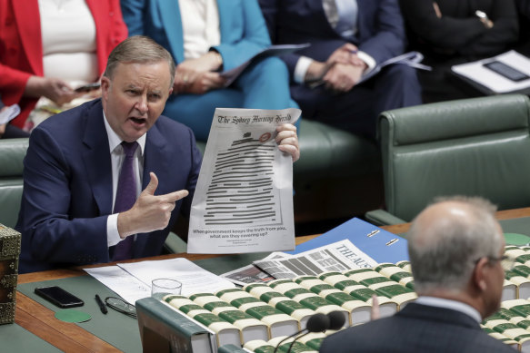 Prime Minister Anthony Albanese in 2019, holding copies of redacted front pages of newspapers supporting the Your Right to Know campaign.