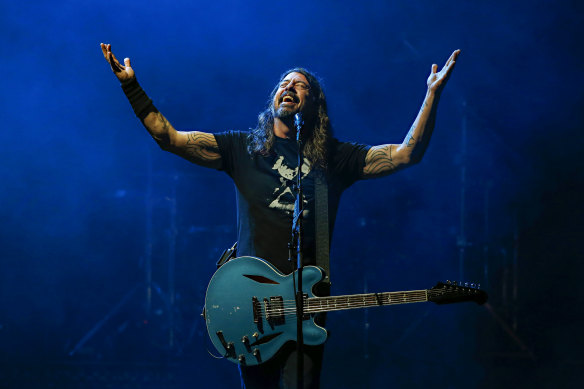 Dave Grohl on stage at Kardinia Park on Friday night in the American band’s only Australian show.