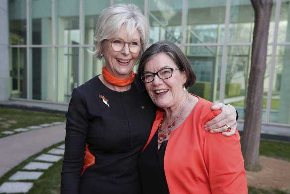 Independent MP Helen Haines adopted the orange branding of the seat’s former MP Cathy McGowan.