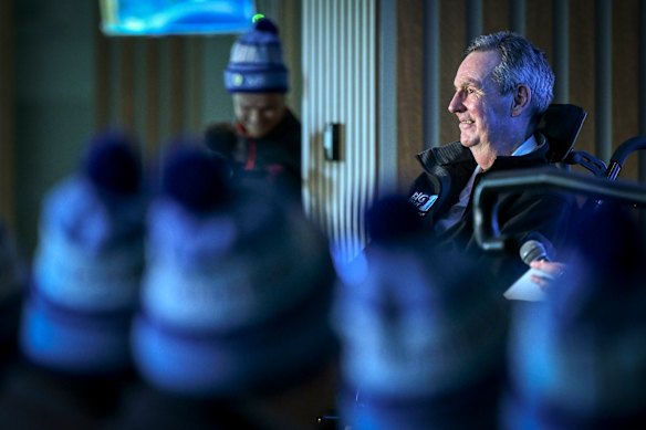 Daniher talking to Melbourne’s players last Tuesday.