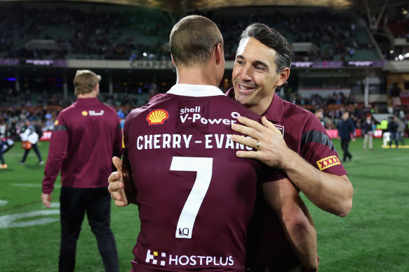 Billy Slater and Daly Cherry-Evans celebrate after their origin victory.