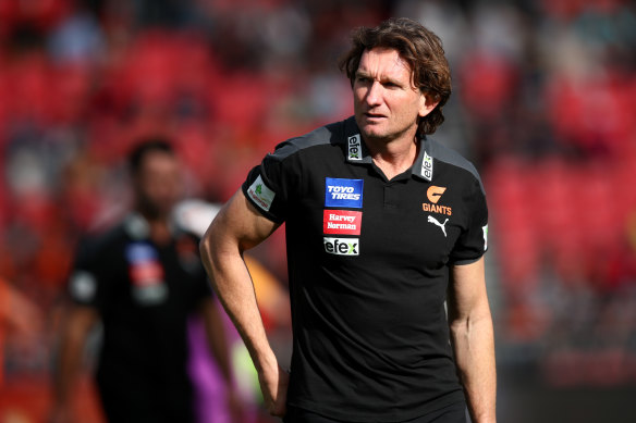 James Hird working as an assistant coach with the GWS Giants last month.