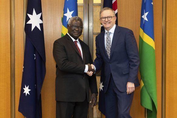 Manesseh Sogavare and Prime Minister Anthony Albanese in October.