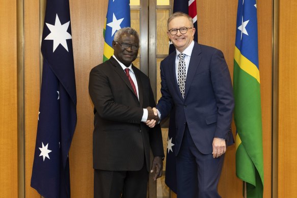 Manasseh Sogavare and Prime Minister Anthony Albanese in October.