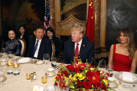 Then US president Donald Trump and Chinese President Xi Jinping, with their wives, first lady Melania Trump and Chinese first lady Peng Liyuan dined at Mar-a-Lago, in 2017.