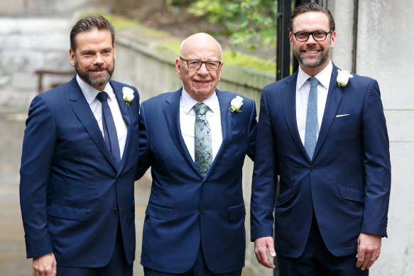 Rupert Murdoch before his wedding to Jerry Hall in 2016 with sons Lachlan (left) and James.