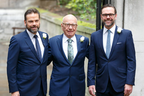 Rupert Murdoch, flanked by his two sons, Lachlan, left and James, in 2005.