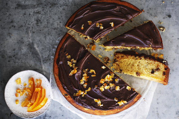 Ricotta cake with amaretto raisins and chocolate ganache.