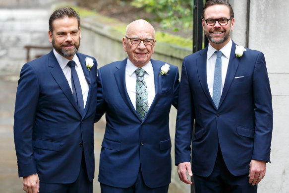 Rupert Murdoch, flanked by his two sons, Lachlan, left and James, in 2005.