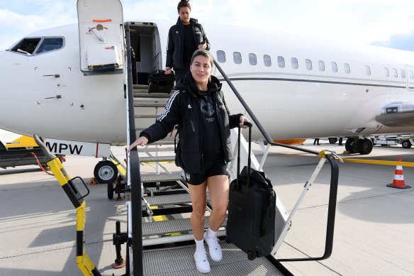 Matildas star Steph Catley arrives in Wolfsburg on Saturday.