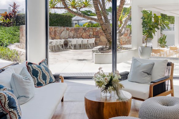 The hotel’s relaxed lobby area, which also features a welcome station of chilled drinks and fruit.