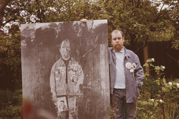 Sgt Pepper cover designer Peter Blake with his <i>Self Portrait with Badges</i> in 1963.