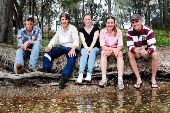 Left to right: Connor Shaw, 18, from Armidale; Lachlan Donnelly, 17, from Nyngan; Sarah Wood, 16, from Cowra; Grace Wilkes-Bowes, 14, from Naradhan; and Taylor Kleinschmidt, 18, from Finley at the Unicef Australia NSW summit on living with drought.